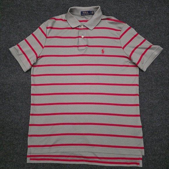 Polo Ralph Lauren Men's Large Gray Red Striped Cotton Polo Shirt - Picture 2 of 8